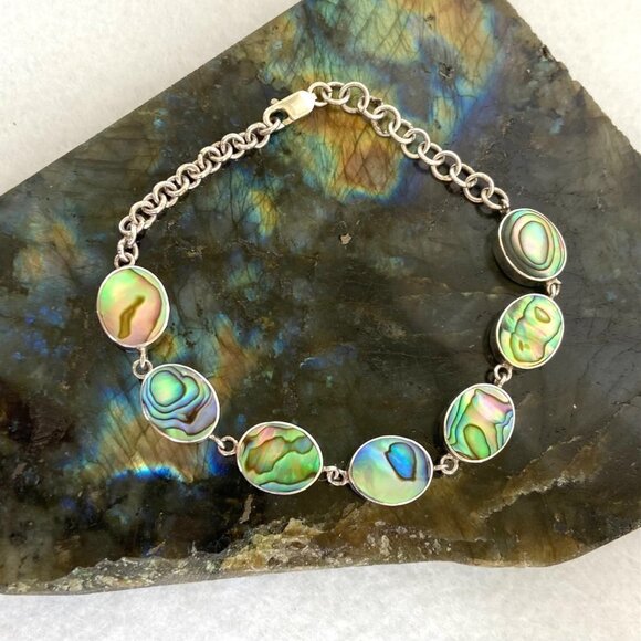 Sterling Silver 925 Oval Bezel Set Abalone Link Cable Chain Bracelet 6.5"- 7.75" - Picture 2 of 16